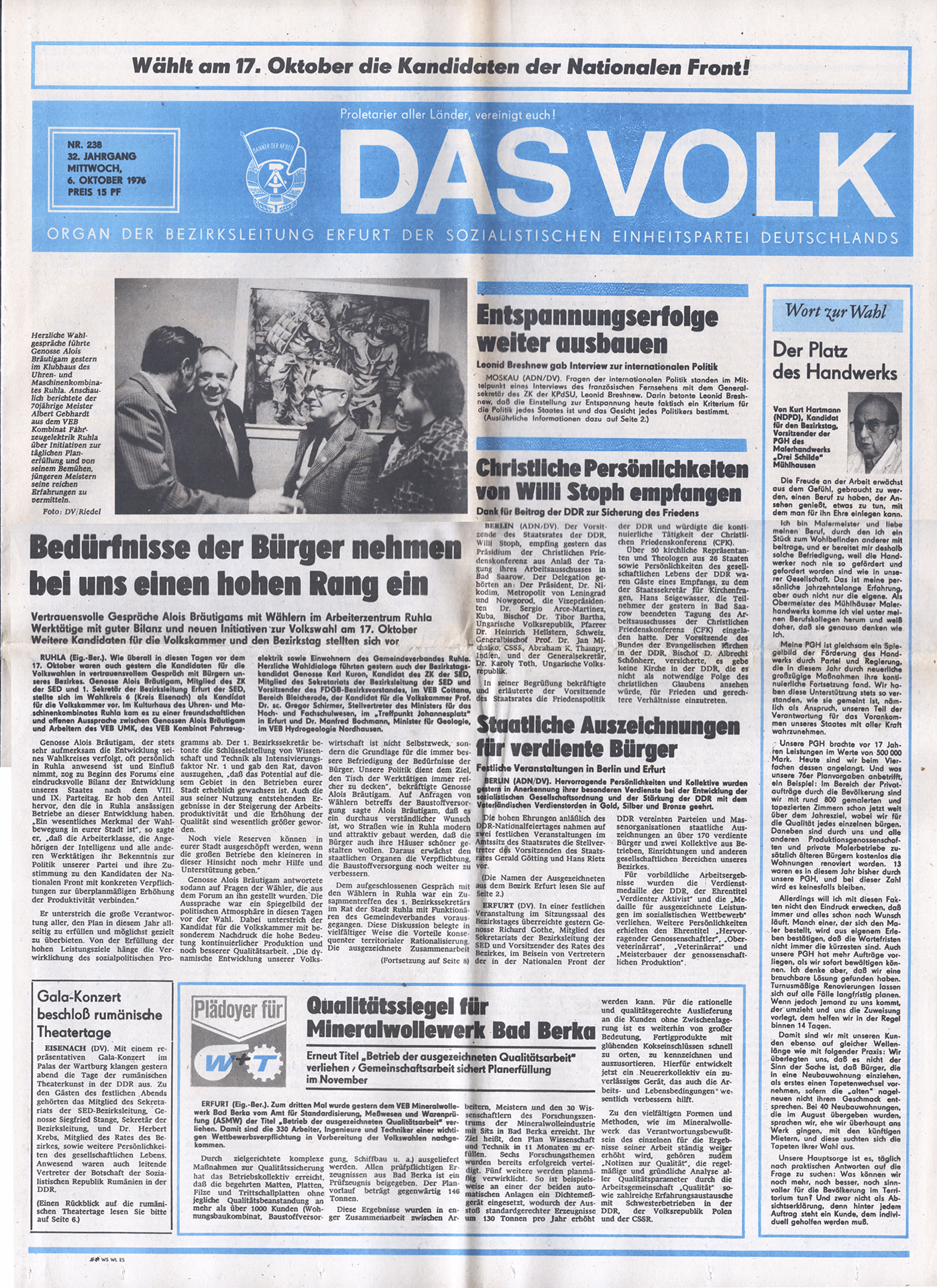Tageszeitung Das Volk vom 6. Oktober 1976 - Organ der Bezirksleitung der Sozialistischen Einheitspartei Deutschlands Tageszeitung Das Volk vom 6. Oktober 1976 - Organ der Bezirksleitung der Sozialistischen Einheitspartei Deutschlands